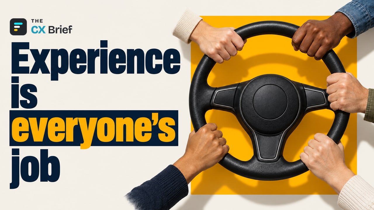 Experience is everyone's job — Forrester draws six leadership lessons from 2026 Total Experience honorees Home Depot and CareFirst. Ordinary human hands reaching from different directions hold a single large steering wheel together.