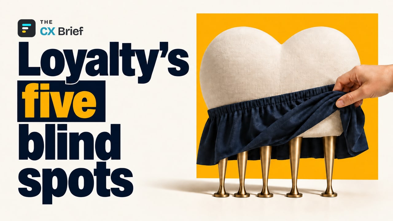 Loyalty's five blind spots — Forrester: Most customer experience teams neither measure nor manage the five dynamics that shape loyalty. A hand lifts the cloth draped beneath a heart sculpture, revealing the five separate supports that hold it up.