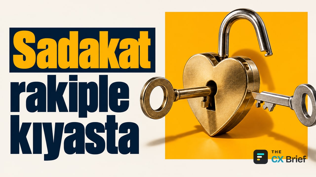 Sadakat rakiple kıyasta — Forrester: Müşteriyi sadık tutan iyi olmanız değil, önemsediği konuda rakipten iyi olmanız. Kalp biçimli bir kilide uzanan iki anahtardan yalnızca kilidin dişlerine uyan anahtar içeri giriyor.