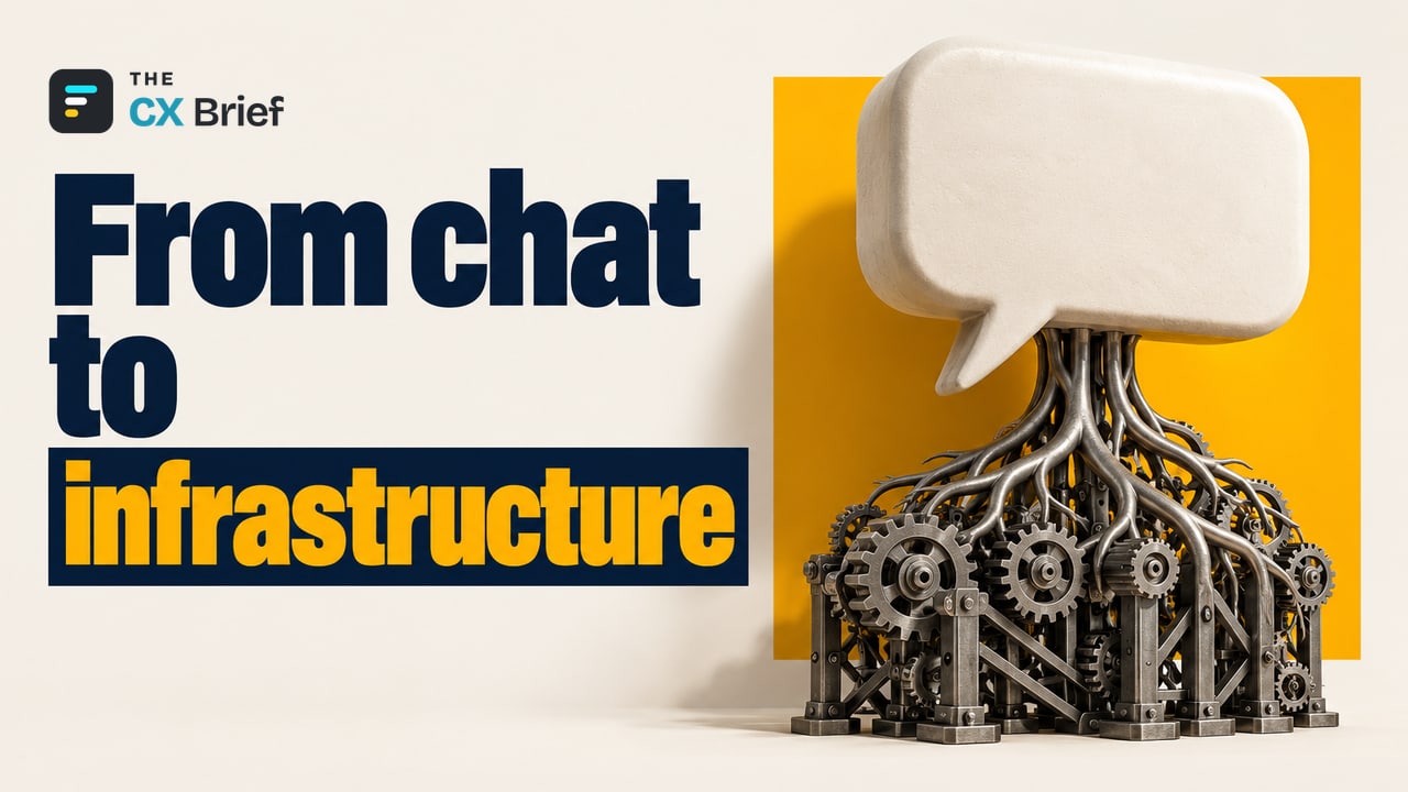From chat to infrastructure — Forrester Names the 10 Emerging Technologies of 2026. Mechanical roots emerging from beneath a speech-bubble sculpture grow into a broad load-bearing structure.