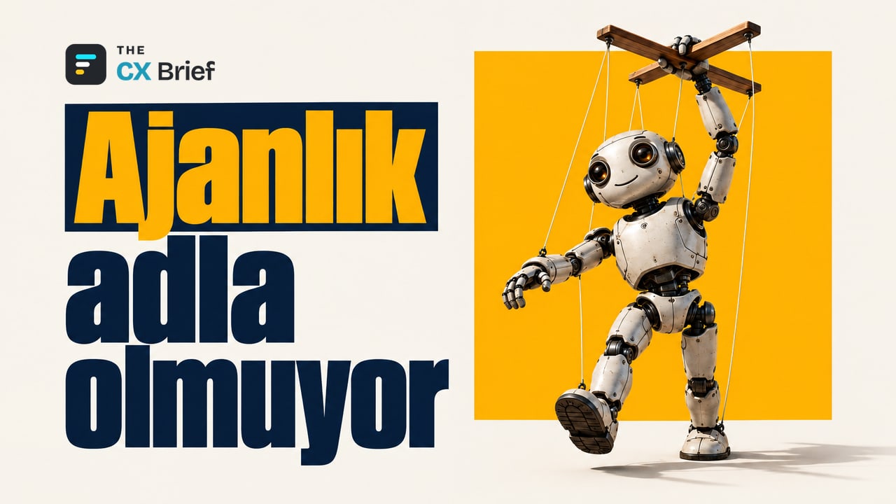 Ajanlık adla olmuyor — Forrester, pazarlamada neyin gerçekten yapay zekâ ajanı sayılacağını beş ölçüte bağladı. Küçük bir robot, kendi kukla iplerinin bağlı olduğu kumandayı kendisi tutarak ileri adım atıyor.