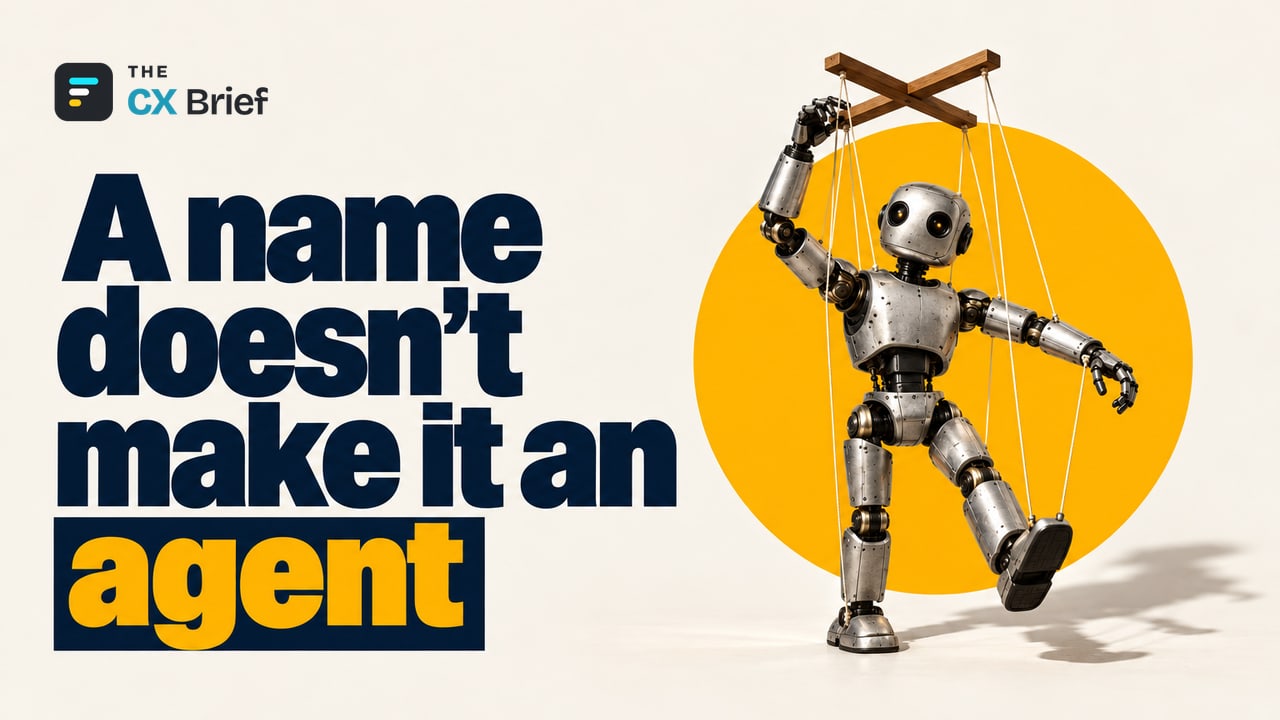 A name doesn't make it an agent — Forrester sets five criteria for what truly counts as an AI agent in marketing. A small robot steps forward holding the control bar of its own puppet strings.