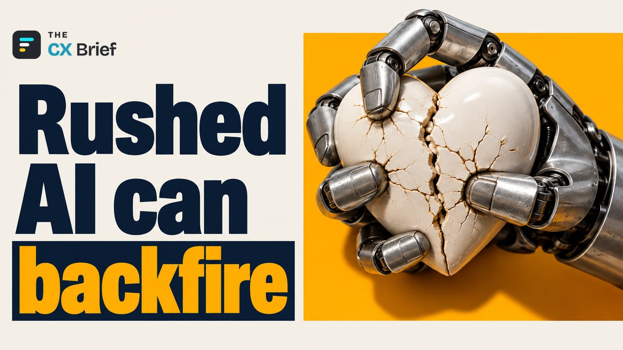 Rushed AI can backfire — Forrester’s 2026 Customer Experience Predictions: 5 Critical Trends for CX Leaders. A robot hand squeezes the porcelain heart it is trying to mend too hard and cracks it.