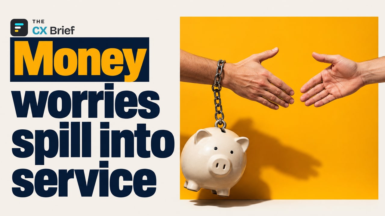 Money worries spill into service — From Invisible Crisis to Customer Loyalty: How Employee Financial Wellness Shapes Customer Experience. A heavy piggy bank chained to the wrist of an ordinary person reaching out for a handshake drags the hand down.