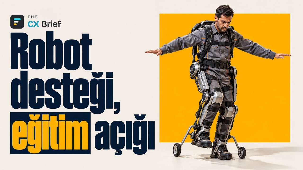 Robot desteği, eğitim açığı — Gartner: 2030'a kadar uluslararası şirketlerde sahada çalışanların %80'ini fiziksel yapay zekâ destekleyecek. Güçlü bir robotik dış iskelet giyen sıradan çalışan, ayaklarına takılı küçük yardımcı tekerleklerle dengede durmayı öğreniyor.