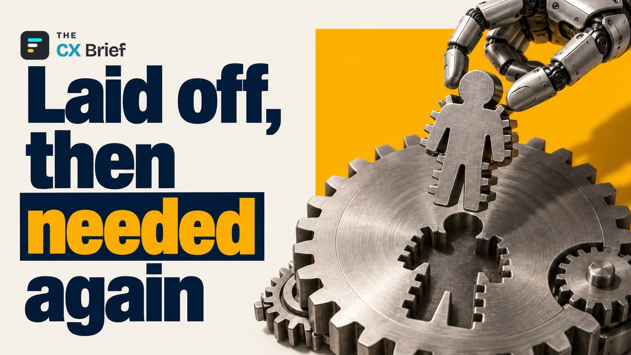 Laid off, then needed again — Gartner: 30% of workers laid off because of AI will need to be rehired by 2029. A robot hand fits back into place the human-shaped part a large gear needs in order to turn.