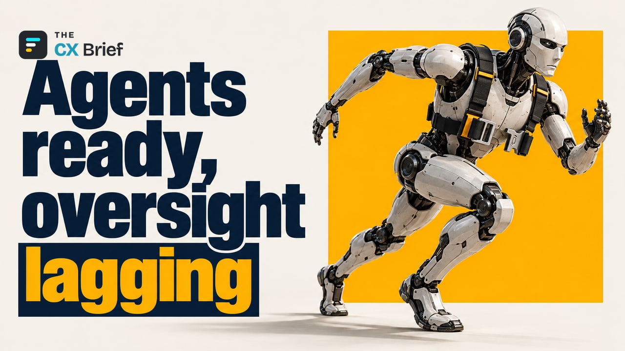 Agents ready, oversight lagging — Gartner: 71% of organizations expect to deploy agentic AI in the next 12 months. A robot breaks into a run with the buckle of its safety belt still unfastened.