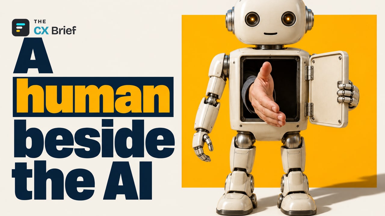 A human beside the AI — Gartner: 87% of customers want companies that use generative AI in customer service to also offer access to a human agent. An ordinary human hand reaches out from an open door in a robot's body to greet the customer.