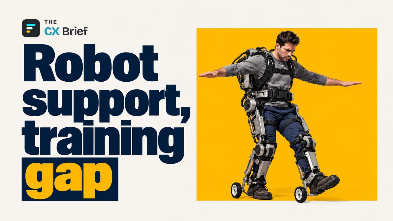 Robot support, training gap — Gartner: By 2030, physical AI will support 80% of frontline workers at international companies. An ordinary worker wearing a powerful robotic exoskeleton learns to balance on small training wheels attached to the feet.