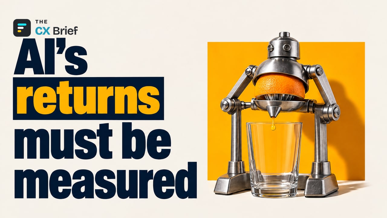 AI's returns must be measured — Gartner: “How Do We Explain AI Investments to the Board?” A single drop squeezed from a robot-shaped juicer sits beside the large fruit below.