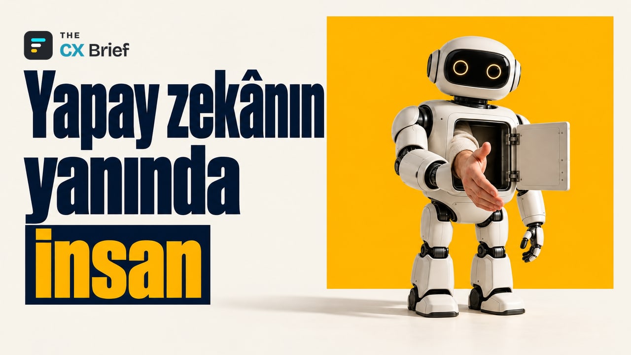 Yapay zekânın yanında insan — Gartner: Müşterilerin %87'si, hizmette üretken yapay zekâ kullanan şirketin temsilci seçeneği de sunmasını istiyor. Bir robotun gövdesindeki açık kapıdan, müşteriyi karşılamak üzere sıradan bir insan eli uzanıyor.