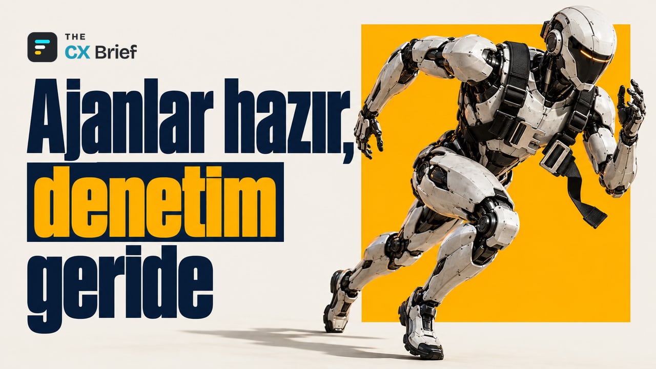 Ajanlar hazır, denetim geride — Gartner: Kurumların %71'i önümüzdeki 12 ayda ajan tabanlı yapay zekâyı devreye almayı bekliyor. Koşuya başlayan robotun üzerindeki güvenlik kemerinin tokası hâlâ açık duruyor.