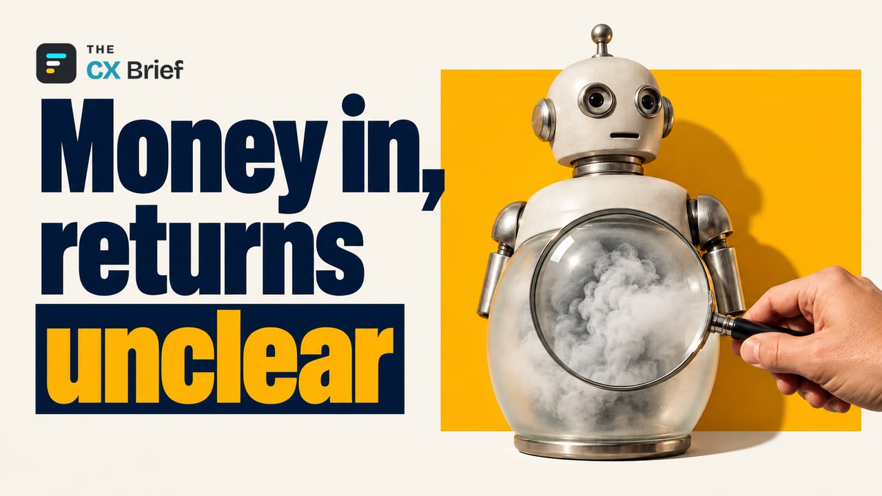 Money in, returns unclear — Gartner: Returns are unclear for 42% of AI use cases in customer service. A magnifying glass held up to the frosted-glass belly of a robot-shaped sculpture magnifies the fog inside.