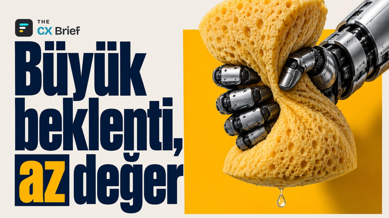Büyük beklenti, az değer — Gartner: Bilgi işlem yöneticilerinin yalnızca %13'ü, kurumunun yapay zekâdan önemli değer gördüğünü söylüyor. Robot eli kocaman bir süngeri bütün gücüyle sıkarken süngerden tek damla çıkıyor.