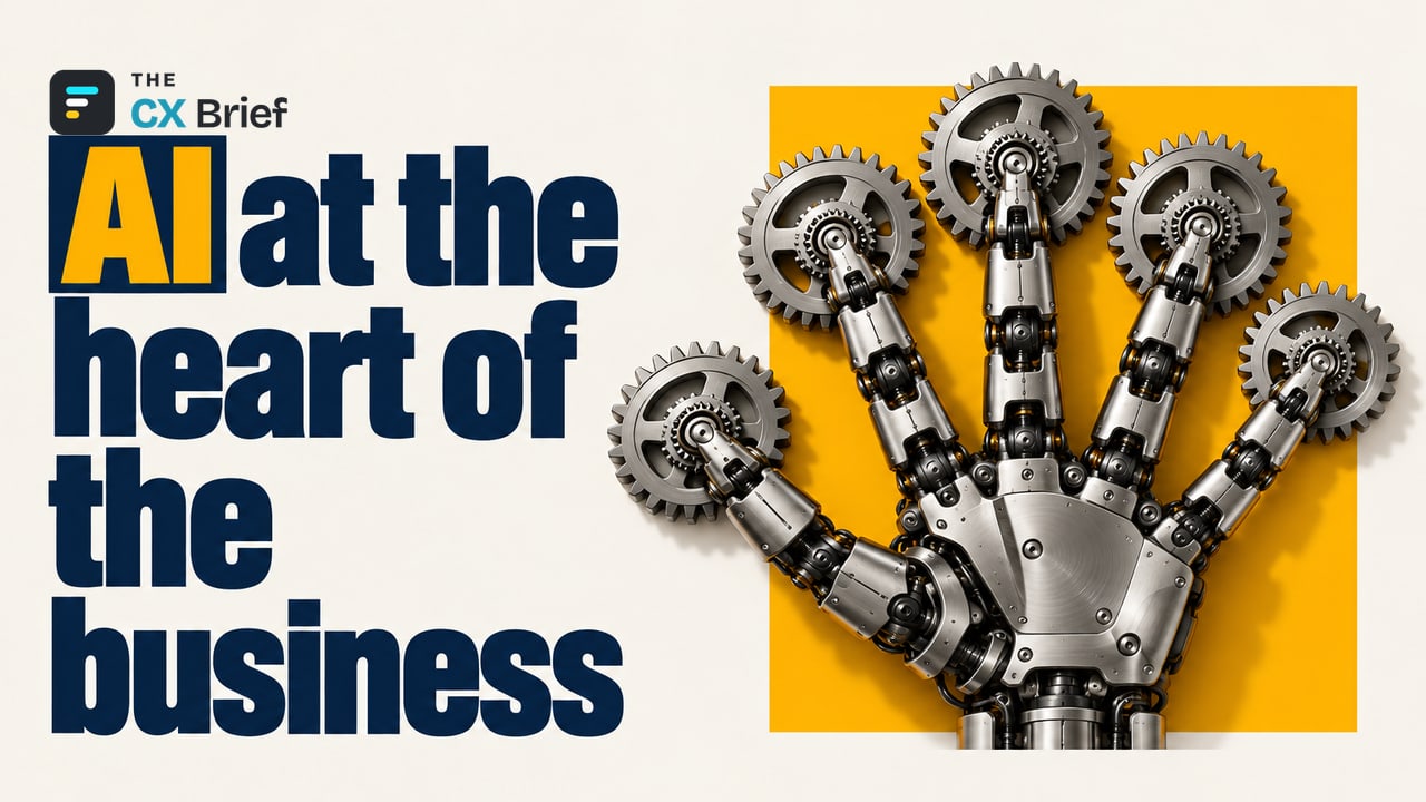 AI at the heart of the business — Gartner's 2026 Trends: Technology Is No Longer Just a Job for "IT." At the center of a large mechanical wheel, a robotic hand links all the gears together.
