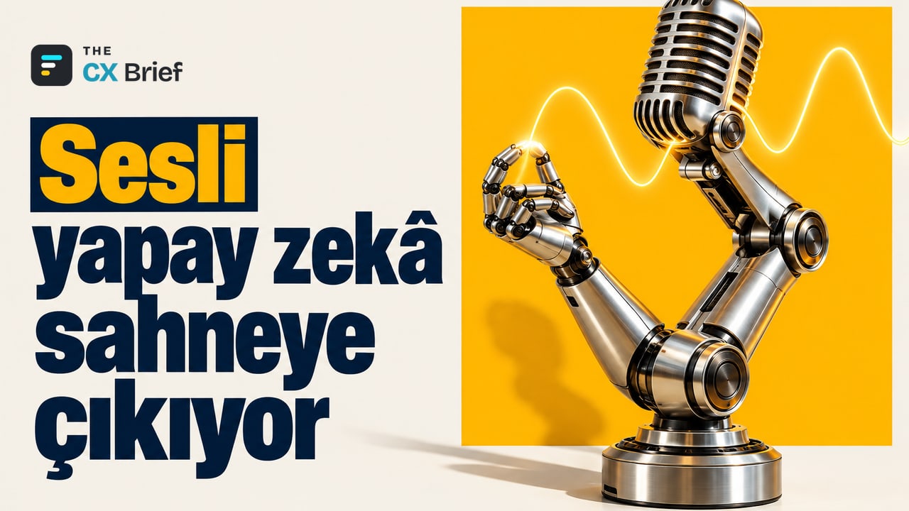 Sesli yapay zekâ sahneye çıkıyor — Golden State Warriors, RingCentral'ı, taraftar iletişiminin resmi yapay zekâ ses platformu seçti. Dev bir kulaklığın içinde yer alan mikrofonun yerine yerleştirilmiş mikrofon şeklindeki zarif robot kol.