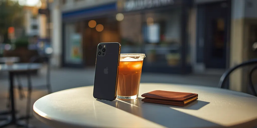 Bir kafe masasında arkadan görünen bir telefon ve yanında kapalı bir deri cüzdan.
