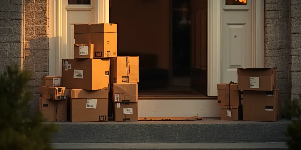 Kapı eşiğinde üst üste yığılmış kargo paketleri ve açık bir kapı.