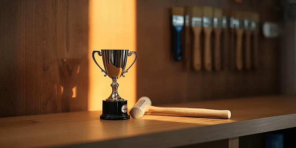 Bir hırdavat mağazası tezgâhında parlayan bir ödül kupası ve yanında yeni bir çekiç.
