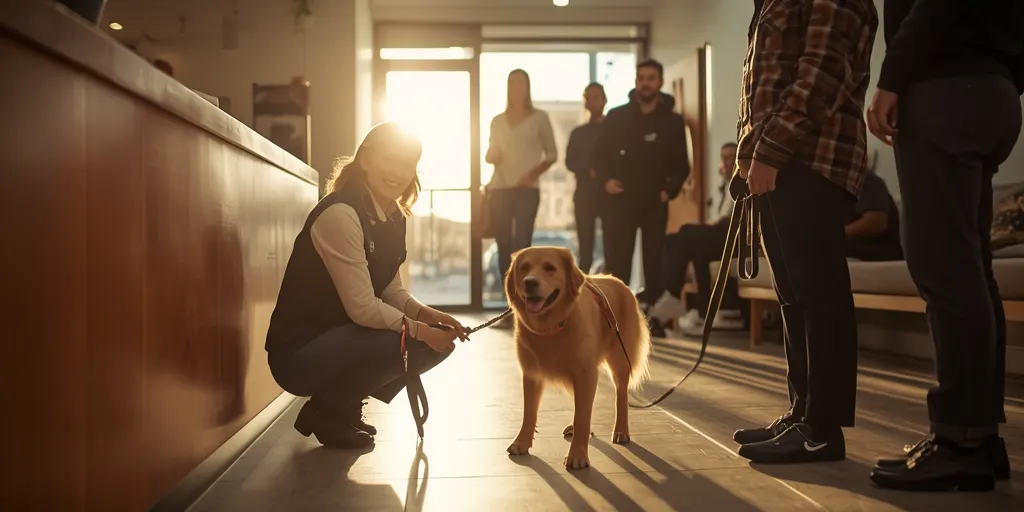 Köpek kreşinin resepsiyonunda bir çalışan, sevimli bir köpeği karşılıyor.