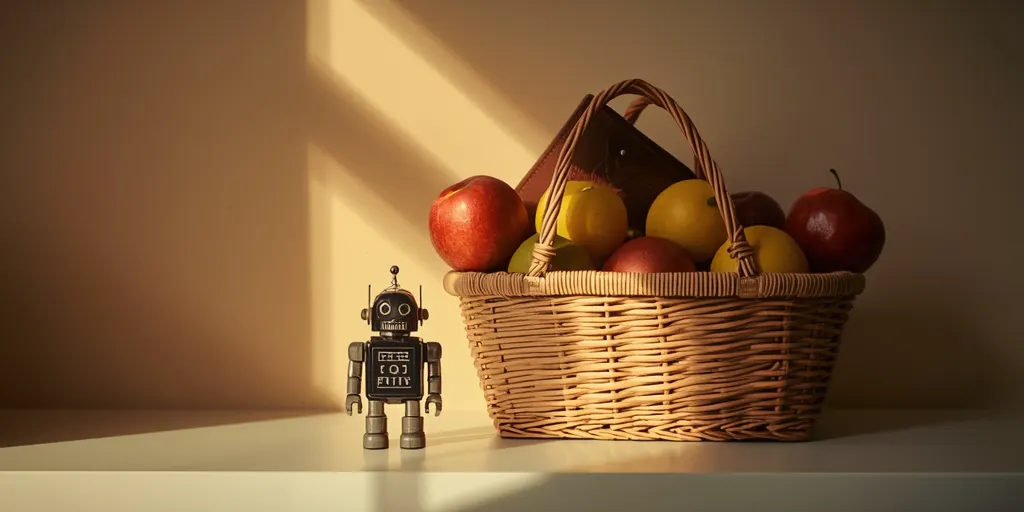 Mağaza tezgâhında küçük bir robot figürü, müşterinin alışveriş sepetini tutuyor.