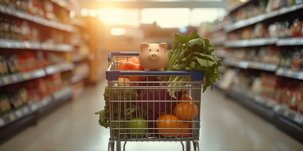 Süpermarket rafında taze ürünlerle dolu bir alışveriş sepeti ve yanında bir kumbara.