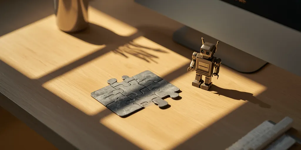 Mutfakta yarım kalmış bir yapboz ve yanında küçük bir robot figürü.