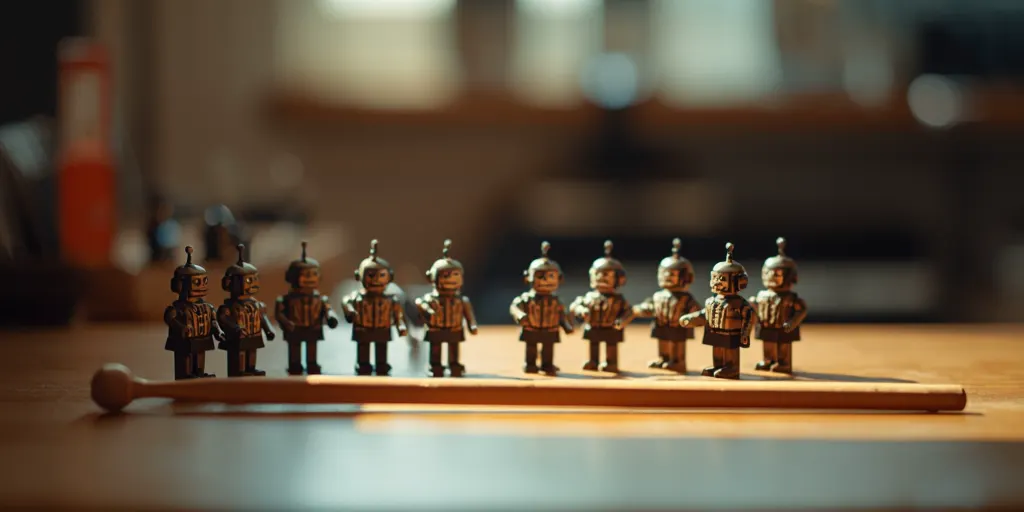Pazarlama ofisinde bir orkestra şefi bageti ve sıraya dizilmiş küçük robot figürleri.