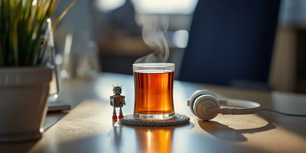 Çağrı merkezi masasında sıcak bir çay ve yanında küçük bir robot figürü.