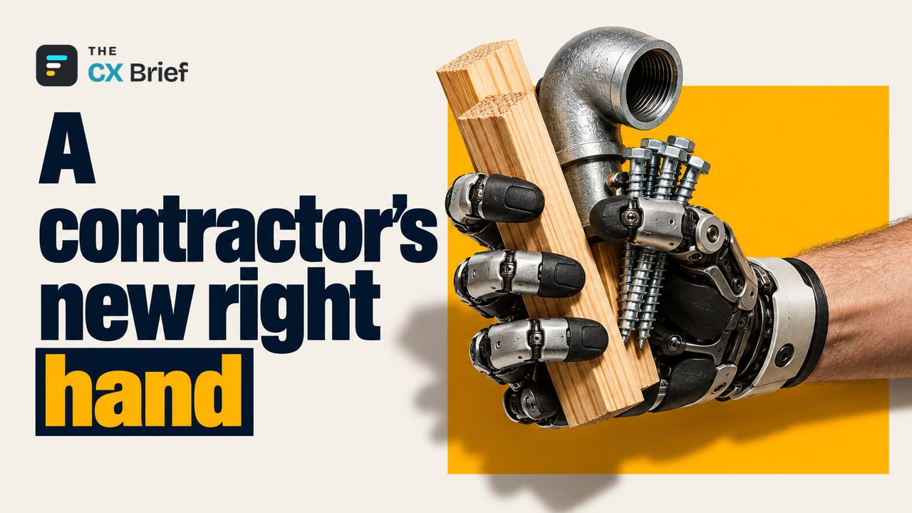 A contractor's new right hand — How Is Agentic AI Changing Home Improvement? The Home Depot and Google Cloud Launch a Partnership. A person's outstretched arm turns into a robotic hand holding together the building materials a project needs.