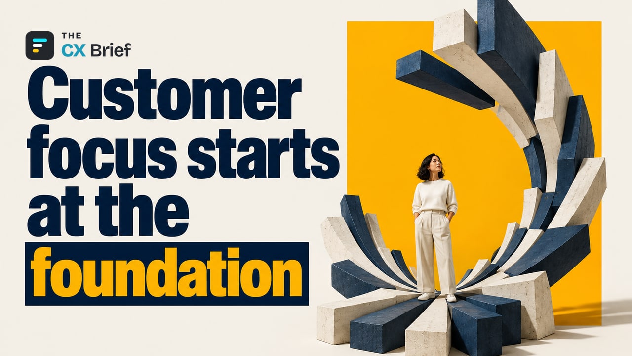 Customer focus starts at the foundation — How to Build a Customer Experience Organization from Scratch: 10 Steps to a Successful Structure. A human figure forms the center and the foundation of the interlocking building blocks around it.
