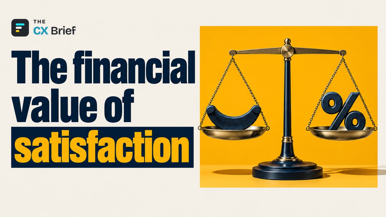 The financial value of satisfaction — How to Calculate ROI on Customer Experience Investments: Strategic Ways to Win Over Senior Leadership. A balanced scale holds a smiling-face sculpture in one pan and a percent sign in the other.