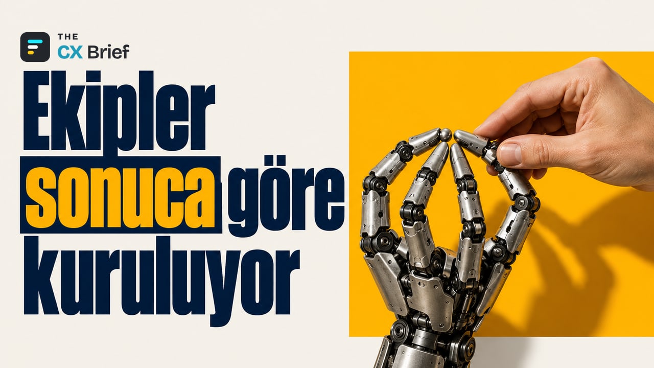 Ekipler sonuca göre kuruluyor — HubSpot yaklaşık 660 çalışanını çıkarıyor, ürün ekiplerini müşterinin istediği sonuçlara göre yeniden kuruyor. Ayrı yönlere uzanan parmakları bir el tarafından aynı noktaya çevrilen mekanik bir el, ekiplerin ortak müşteri sonucuna yönelmesini simgeliyor.