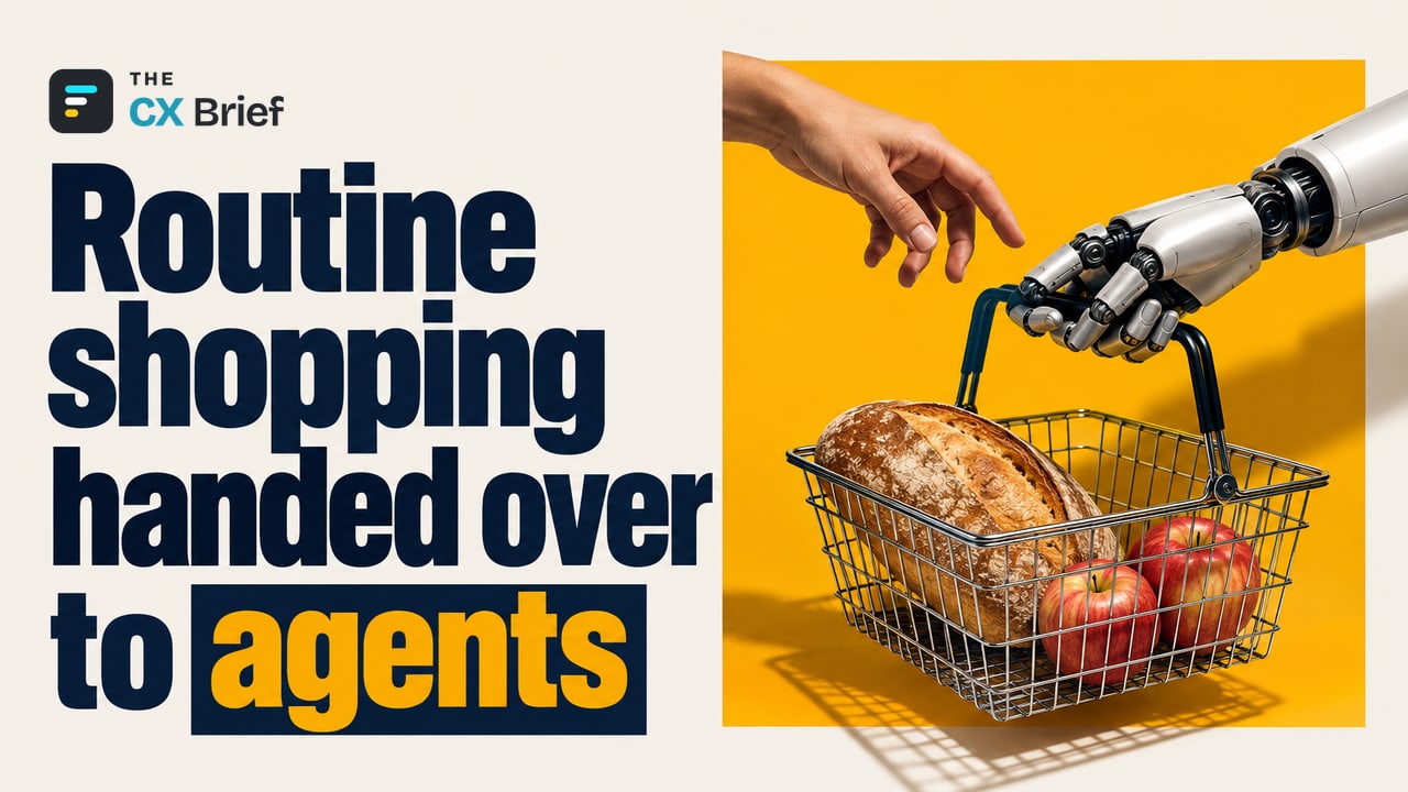 Routine shopping handed over to agents — Human-Led, AI-Powered Transformation (Part 1): The Age of Agents and Consumer Reality. A human hand passes the handle of a shopping basket to a robotic hand.