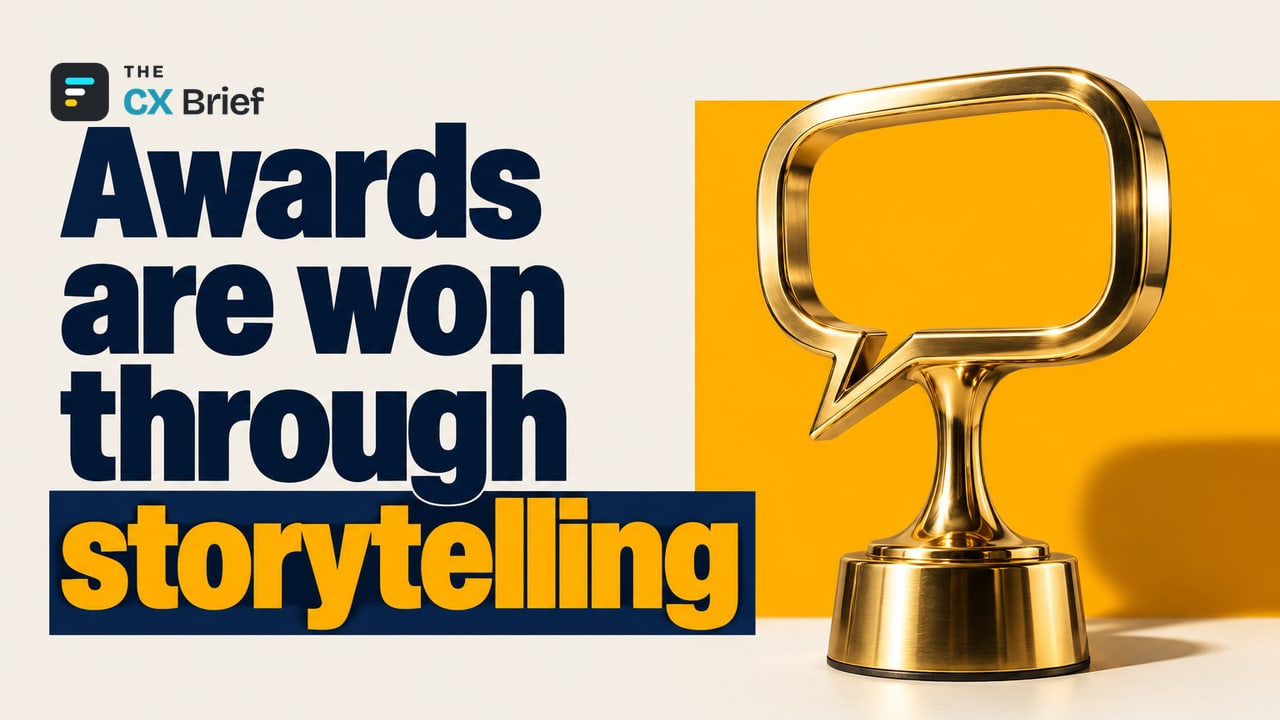Awards are won through storytelling — ICXA 2026 Entries Are Open: The 3 Critical Mistakes CX Competition Entrants Make Most Often. The bowl of an award trophy is formed by a single sculptural piece shaped like a speech bubble.