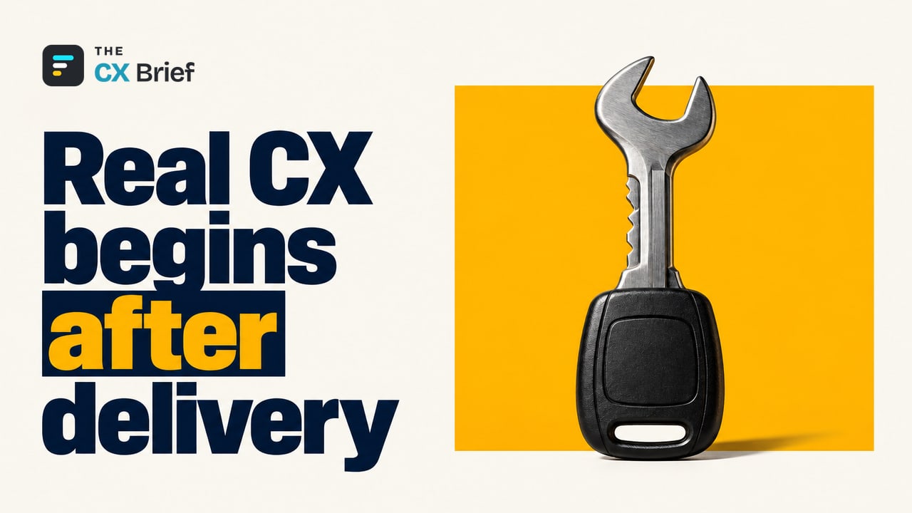 Real CX begins after delivery — In Automotive, CX Is Won After the Sale, Not During It. The elongated shaft of a single car key turns into an open-end wrench at its tip.
