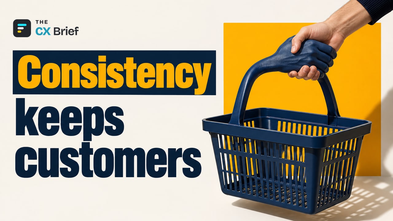 Consistency keeps customers — In Retail, Customer Loyalty Is Won Through Consistency, Not Promotions. The handle of a shopping basket turns into a hand that securely holds the customer's hand.
