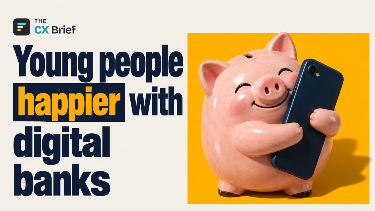 Young people happier with digital banks — U.S. millennials and Gen Z are most satisfied with online banks and fintechs for checking accounts. A smiling piggy bank tightly hugs a smartphone in its arms, with the back of the phone facing out.