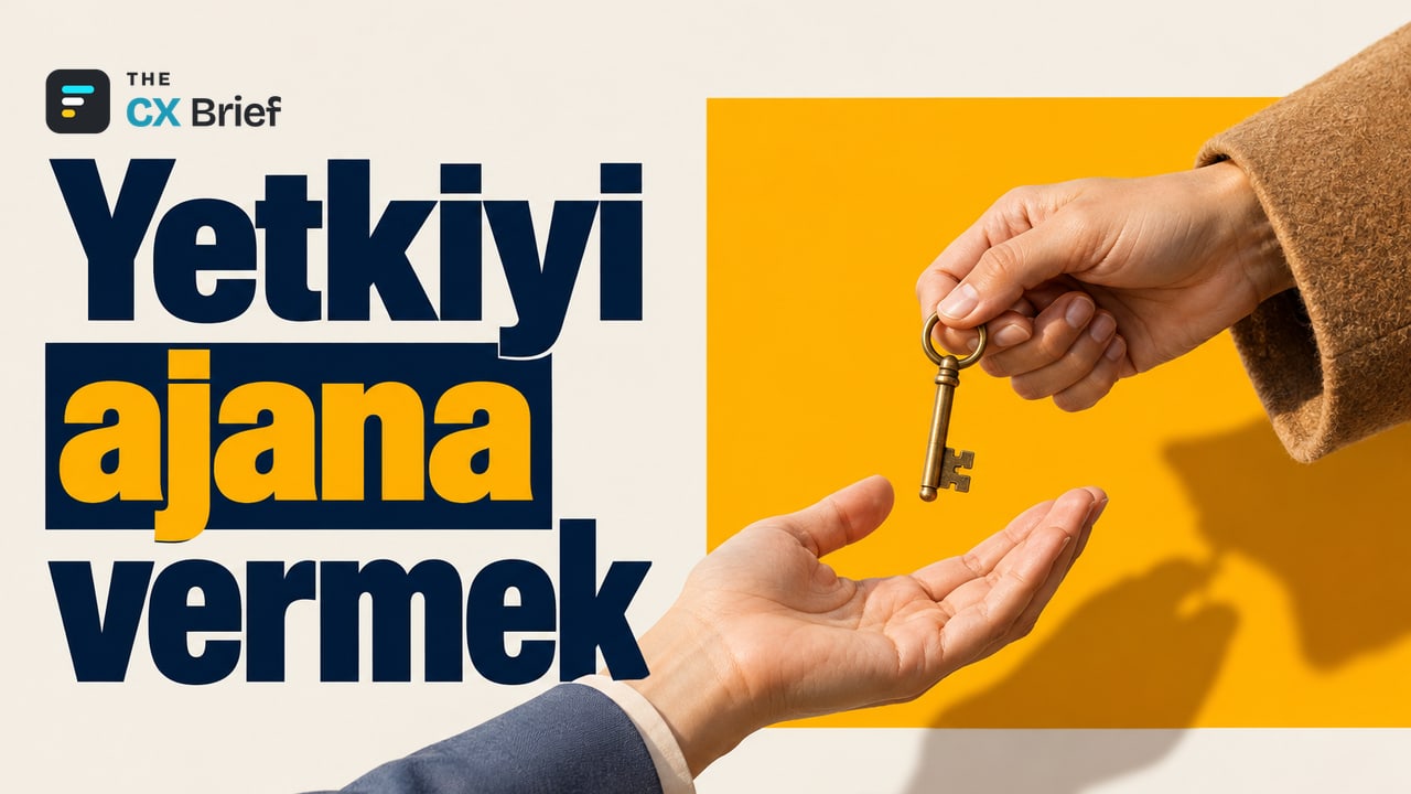 Yetkiyi ajana vermek — İş Bankası, İşCep'te konuşarak alışveriş yapılan yapay zekâ ajanını deniyor. Sıcak ışıklı bir banka şubesinde müşteri, tereddütle bir pirinç anahtarı güler yüzlü bir yardımcıya uzatıyor.