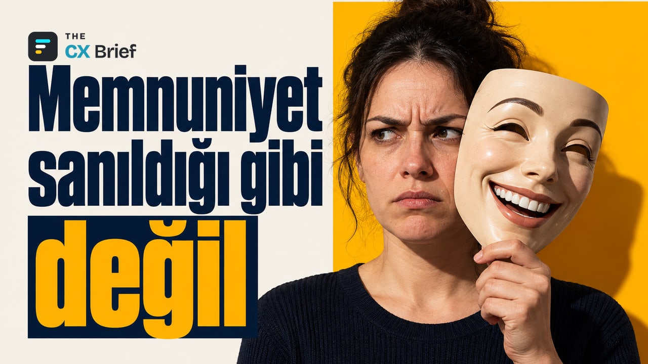 Memnuniyet sanıldığı gibi değil — Yöneticiler müşterinin yapay zekâ hizmetinden memnun olduğuna inanıyor, müşteriler aynı fikirde değil. Gülümseyen tiyatro maskesinin altından kaşları çatılmış sıradan bir müşterinin yüzü görünüyor.