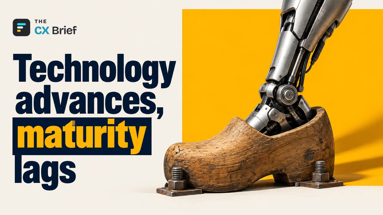 Technology advances, maturity lags — Is Your Maturity Standing Still While Technology Levels Up? An Analysis of the 2026 Türkiye Digital and AI Maturity Report. An advanced robotic foot is stuck inside a heavy, old wooden clog fixed to the ground.