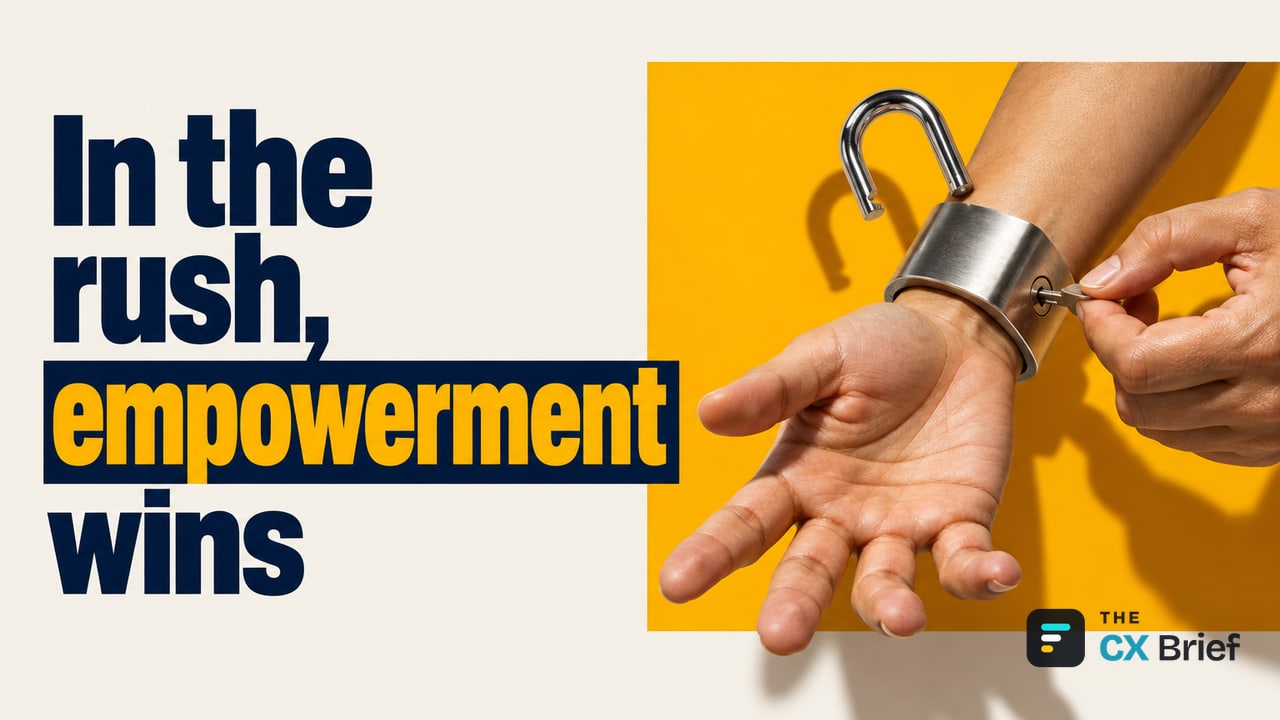 In the rush, empowerment wins — Jason S Bradshaw suggests three steps to carry the excitement of Customer Experience Day into the year-end rush. An ordinary employee's hand unlocks the padlock on its own wrist with its own key.
