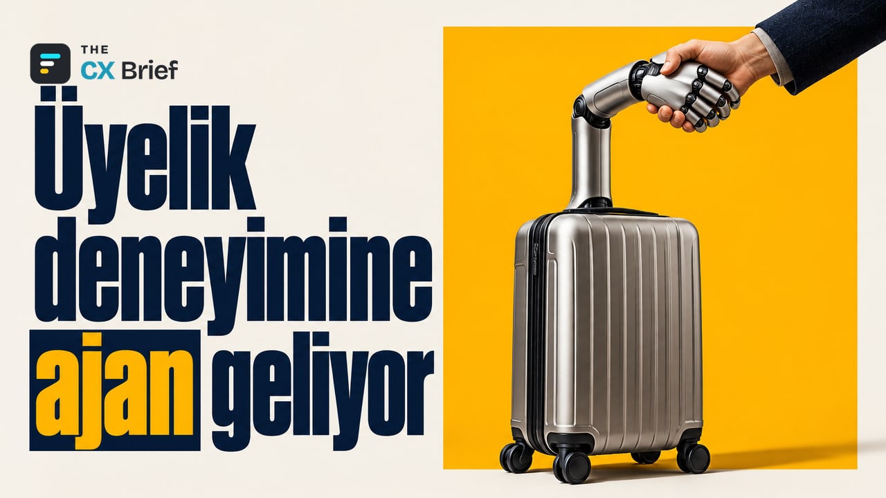 Üyelik deneyimine ajan geliyor — Jet2, 10 milyon myJet2 müşterisi için Adobe ile ajan tabanlı yapay zekâ anlaşması imzaladı. Bir valizin sapı robot eline dönüşerek yolcunun elini tutuyor.
