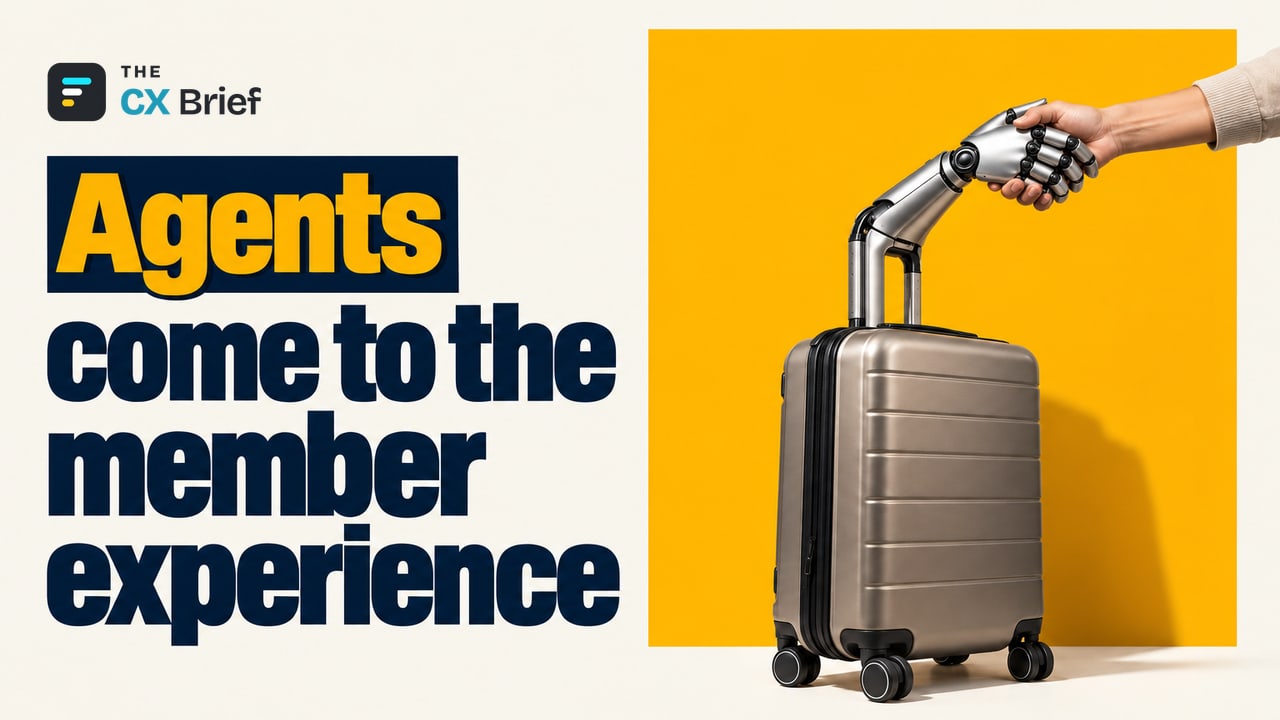 Agents come to the member experience — Jet2 signs agentic AI deal with Adobe for 10 million myJet2 customers. A suitcase handle turns into a robot hand holding the traveler's hand.
