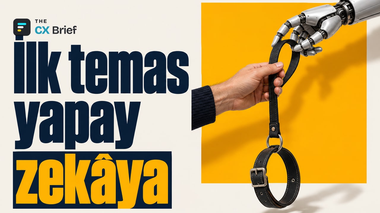 İlk temas yapay zekâya — Köpek kreşi zinciri Dogtopia'nın CEO'su: Yapay zekâ asistanı, randevu ayarlamada ekiplerden önde. Robot eli, ucunda köpek tasması bulunan kayışı insan eline devrediyor.