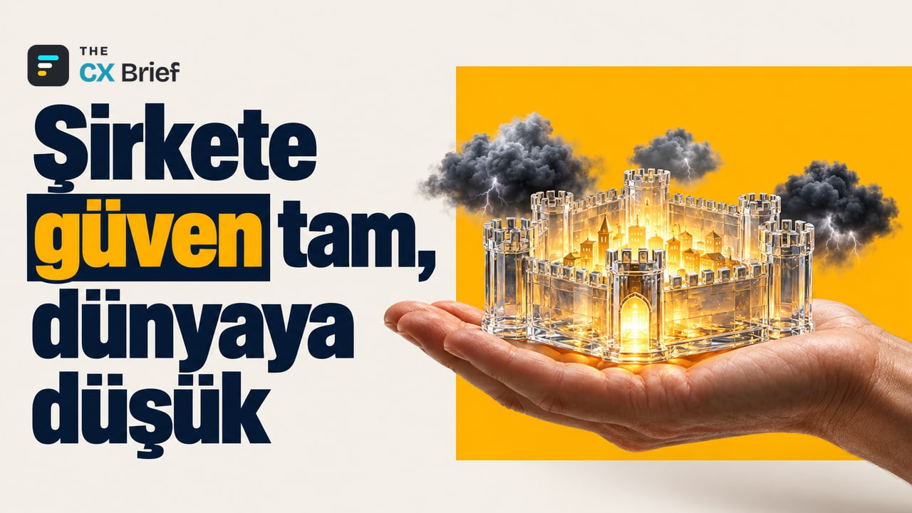 Şirkete güven tam, dünyaya düşük — KPMG: CEO'ların kendi şirketinin büyümesine güveni %84'e çıktı, küresel ekonomiye güveni %65'e düştü. Bir eli havada tutan mini kale modeli; dışarıda fırtına bulutları var.