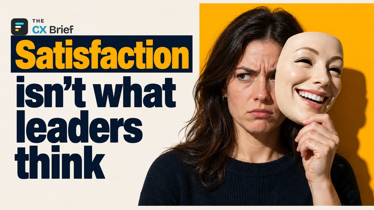 Satisfaction isn't what leaders think — Leaders believe customers are happy with AI service, but customers disagree. Beneath a smiling theater mask, the frowning face of an ordinary customer shows.