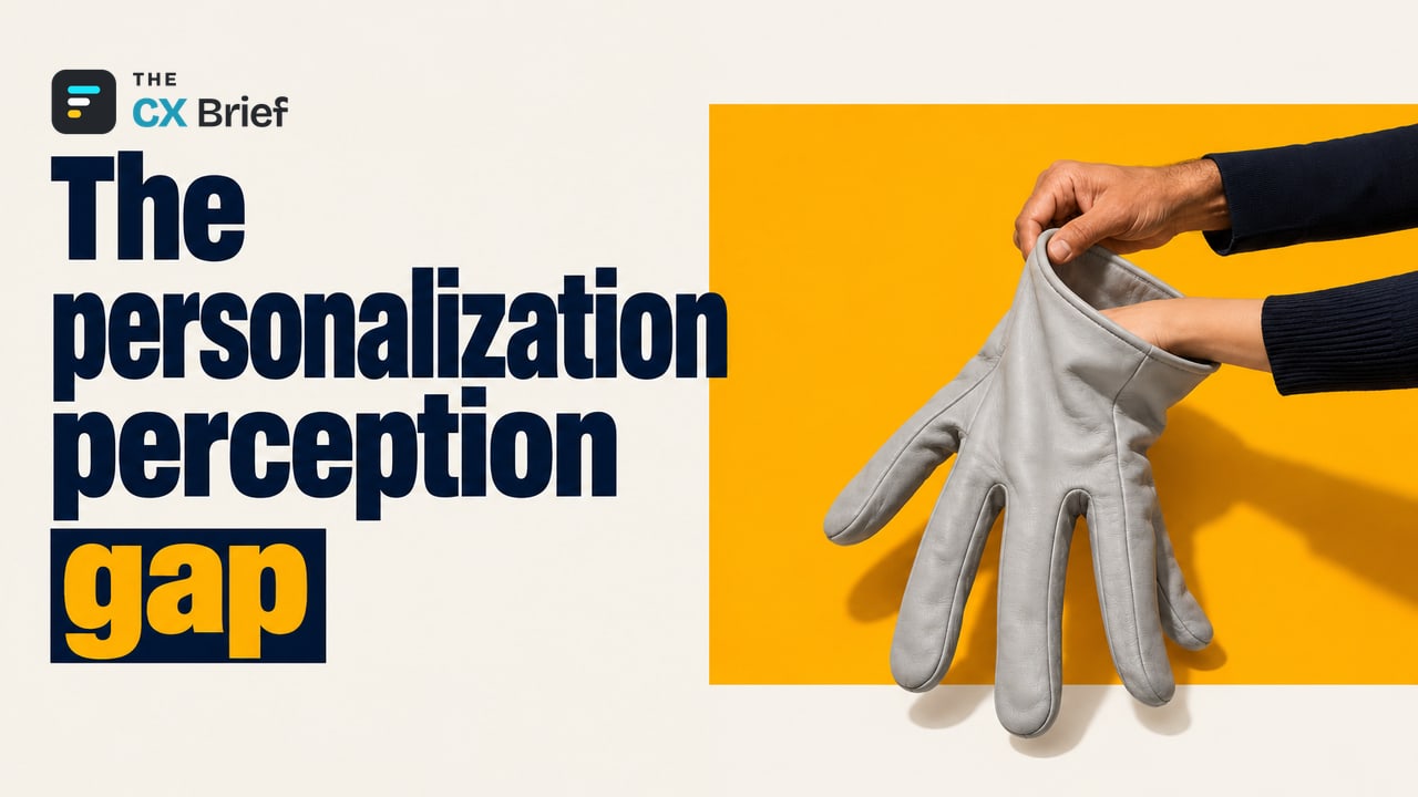 The personalization perception gap — Leaders think they personalize 62% of experiences; customers feel just 44% are personalized. A glove offered by one hand is several sizes too big for the customer's hand trying to fit into it.