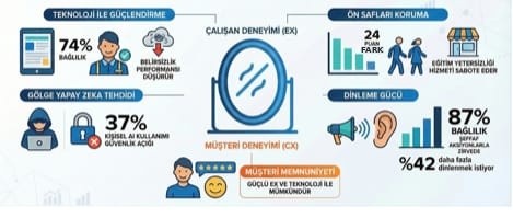 Çalışan deneyimi ile müşteri deneyimini bir ayna etrafında bağlayan özet infografik: teknolojiyle güçlendirme (%74 bağlılık), gölge yapay zekâ tehdidi (%37), ön safları koruma (yeni çalışanlarda 24 puan fark) ve dinleme gücü (%87 bağlılık, %42 daha fazla dinlenmek istiyor).