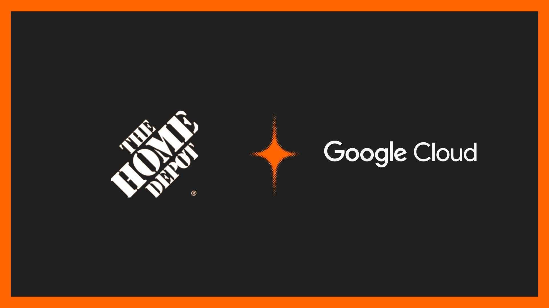 Turuncu çerçeveli koyu zemin üzerinde The Home Depot logosu, turuncu dört köşeli bir yıldız ve Google Cloud yazısı yan yana.
